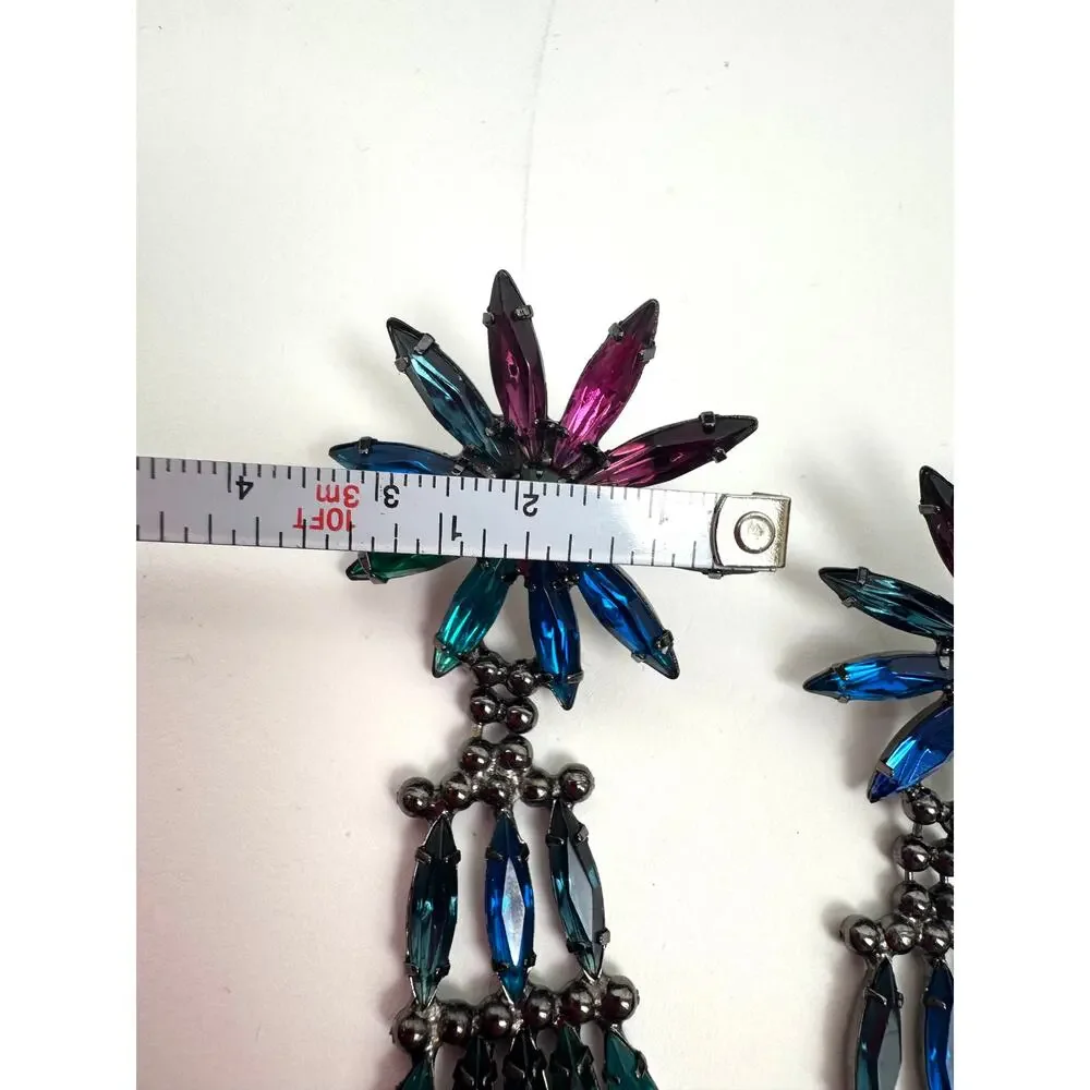 Doug Paulus Signed Rainbow Crystal Starbust Long Drop Earrings NWOT